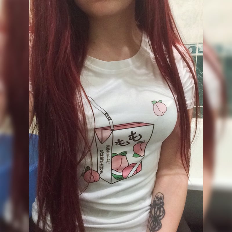 Cute Pink Peach Juice Drink Pastel Short Sleeve Shirt T-shirt Tee Top Kawaii Korean Japanese Harajuku Chinese Retro Streetwear Aesthetic Fashion