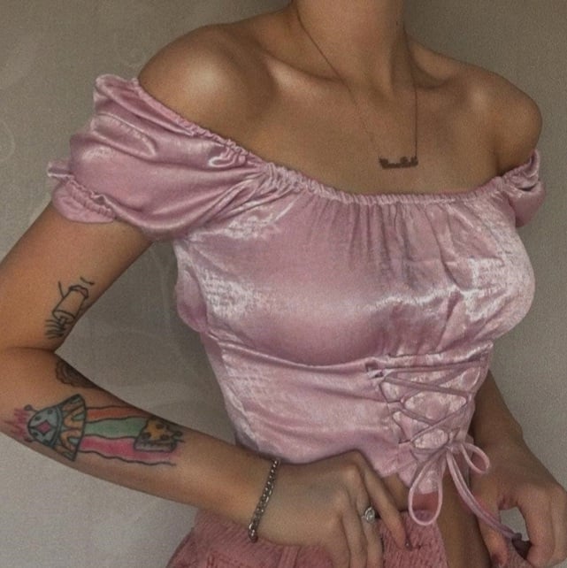 Cute Vintage Pink Silky Satin Short Sleeve Shirt Crop Top Lace Up Elegant Aesthetic Casual Summer E-Girl Kawaii Korean Japanese Harajuku