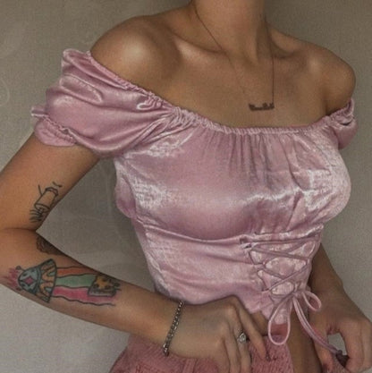 Cute Vintage Pink Silky Satin Short Sleeve Shirt Crop Top Lace Up Elegant Aesthetic Casual Summer E-Girl Kawaii Korean Japanese Harajuku