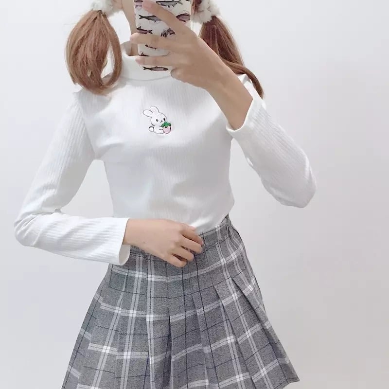 Cute Rabbit Animal Embroidery Knit Turtleneck Sweater Sweatshirt Pullover Long Sleeve Shirt E-Girl Kawaii Korean Japanese Harajuku Streetwear