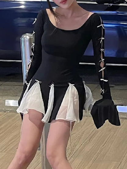 Black Lace Up Splice Fold Bodycon Dress