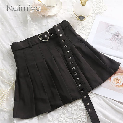 Cute Preppy Summer Pleated Heart Shape Belt High Waist Mini Skirt Bottom E-Girl Kawaii Korean Japanese Harajuku Chinese Retro Streetwear Aesthetic