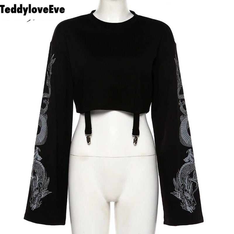 Sexy Black Goth Punk Dragon Print Vintage Sweatshirt Loose Crop Top Long Sleeve Shirt T-shirt E-Girl Kawaii Korean Japanese Harajuku Streetwear