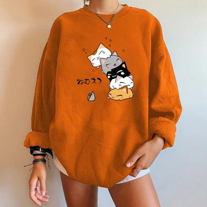 Cute Cat Print Oversized Sweatshirt Pullover Sweater Hoodie Aesthetic Casual E-Girl Kawaii Korean Japanese Harajuku