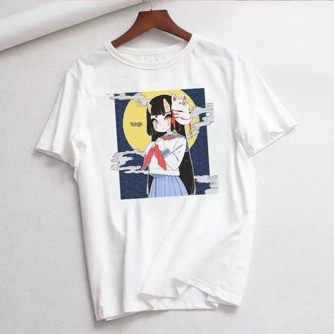 Anime Girl Goth Punk Horror Cartoon Print Loose Short Sleeve Short T-shirt Tee Top Summer Casual E-Girl Kawaii Korean Japanese Harajuku Streetwear
