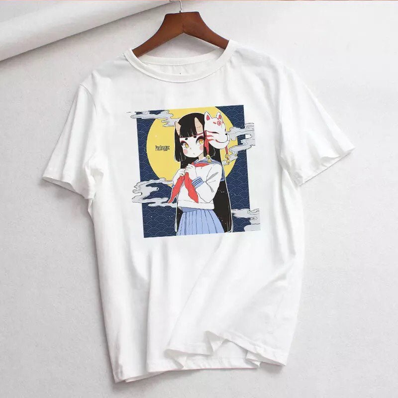 Anime Girl Goth Punk Horror Cartoon Print Loose Short Sleeve Short T-shirt Tee Top Summer Casual E-Girl Kawaii Korean Japanese Harajuku Streetwear