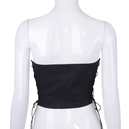 Sexy Black Corset Lace Tie Up Bustier Crop Top Sleeveless Strapless Vest Party Club Aesthetic Goth E-Girl Kawaii Korean Japanese Harajuku Streetwear