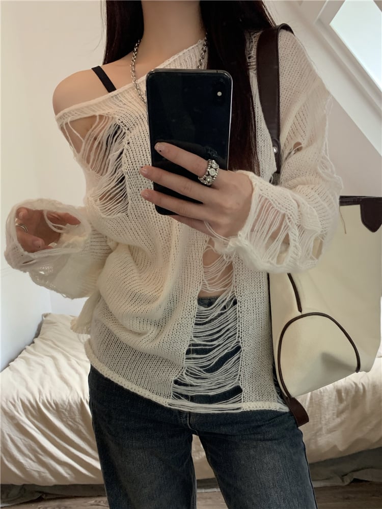 White Hole Ripped Long Sleeve Sweater