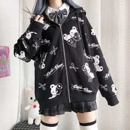 Teddy Bear Scissors Print Hoodie Zip Up Sweater Sweatshirt Long Sleeve Pullover Jumper Goth Punk E-Girl Kawaii Korean Japanese Harajuku Streetwear