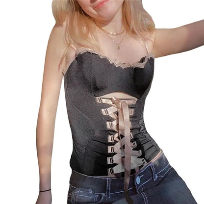 Black with Pink Ribbon Lace Up Bandage Corset Top
