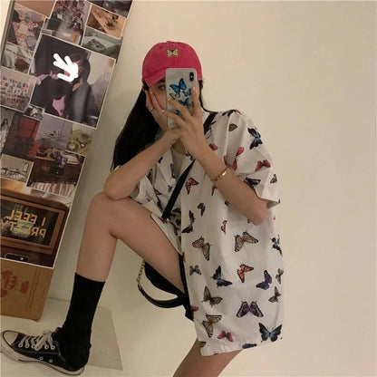 Cute Vintage White Butterfly Print Button Up Pocket Blouse Short Sleeve Shirt Top Loose Aesthetic E-Girl Kawaii Korean Japanese Harajuku Streetwear