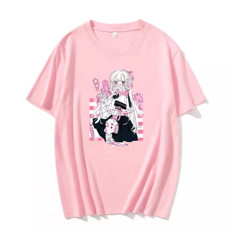 Cute Pink Black Sweet Vintage Anime Girl Cartoon Loose Short Sleeve Shirt Tee T-shirt Summer Casual E-Girl Kawaii Korean Japanese Harajuku Streetwear