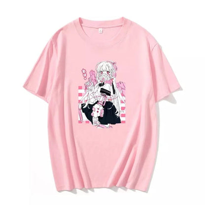 Cute Pink Black Sweet Vintage Anime Girl Cartoon Loose Short Sleeve Shirt Tee T-shirt Summer Casual E-Girl Kawaii Korean Japanese Harajuku Streetwear
