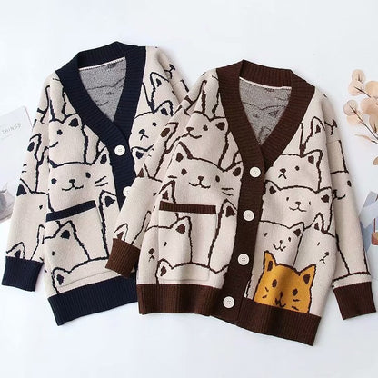 Cat Print V Neck Sweater