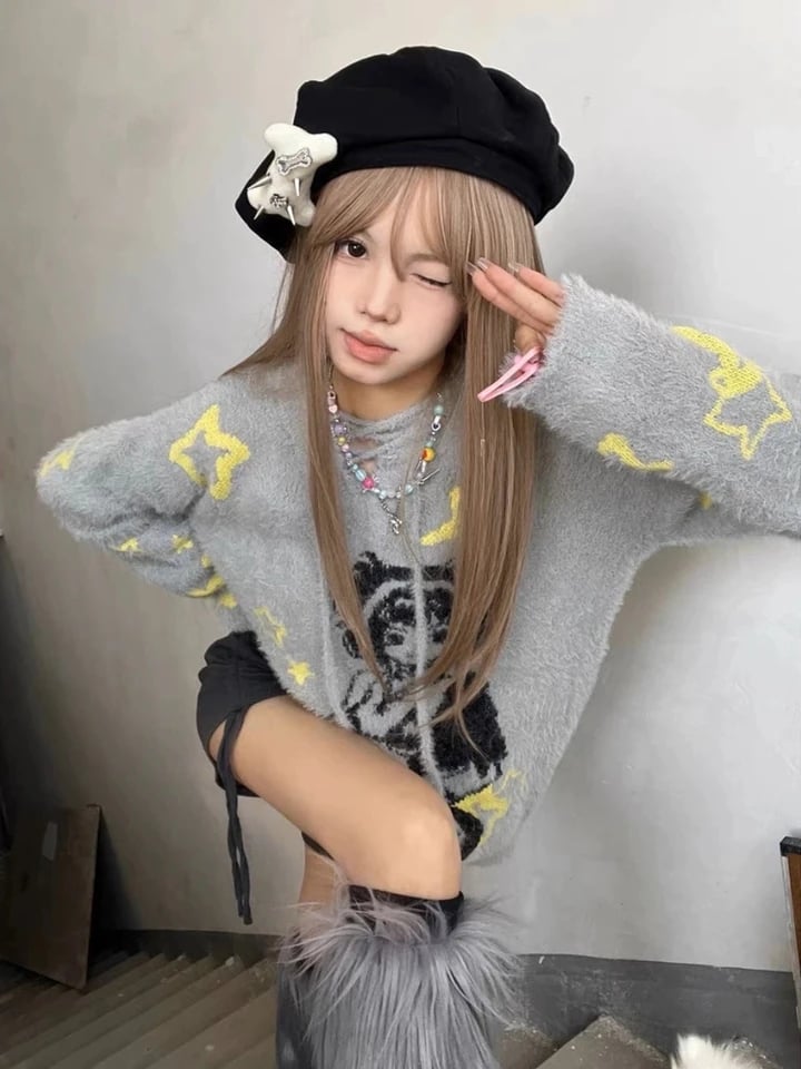 Grey Anime Girl Oversized Sweater