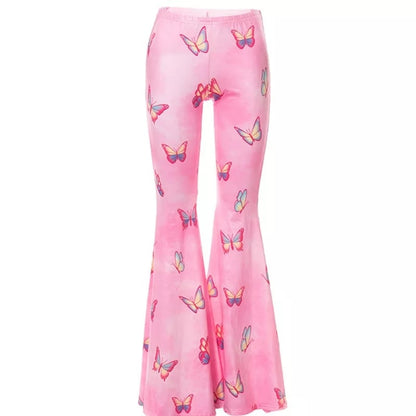 Pink Butterfly Low Waist Flare Bell Bottom Pants Rave Festival Aesthetic Casual E-Girl Kawaii Korean Japanese Harajuku