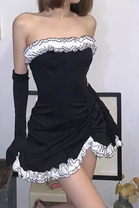 Sexy Sweet Black Lace Ruffles Strapless ,Mini Dress Party Club Summer Aesthetic Casual E-Girl Kawaii Korean Japanese Harajuku