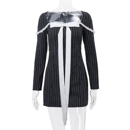 Preppy Bow Sqaure Neck Long Sleeve Dress