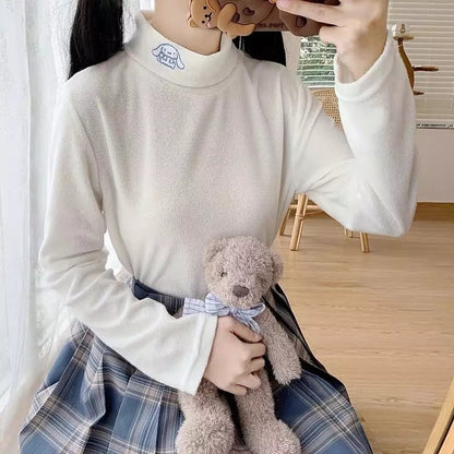 Cute Anime Japanese Embroidery Turtleneck High Collar Long Sleeve Shirt Pullover Aesthetic