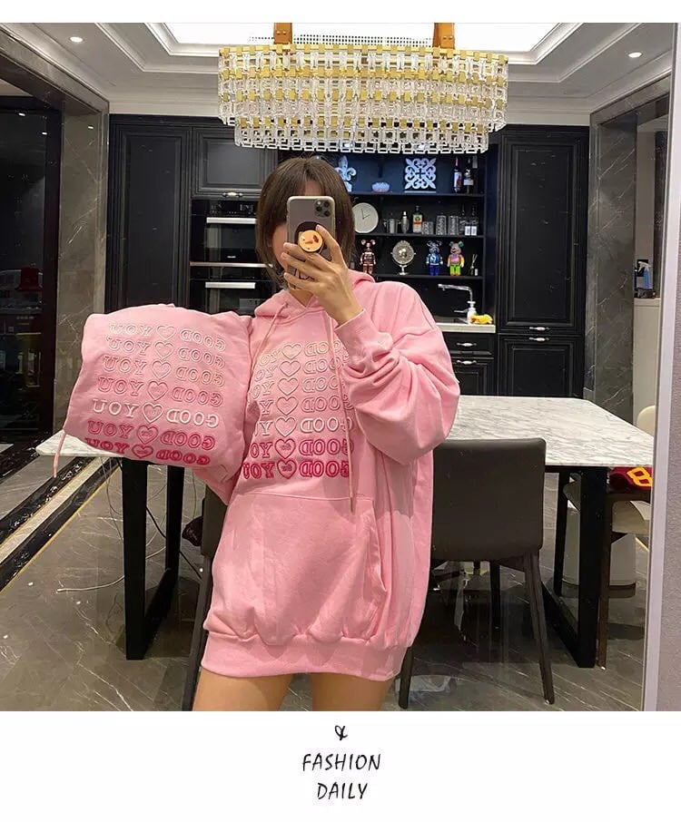 Cute Pink Love Heart Good For U Oversized Hoodie Sweatshirt Long Sleeve Pullover Jumper Sweater E-Girl Kawaii Korean Japanese Harajuku Streetwear