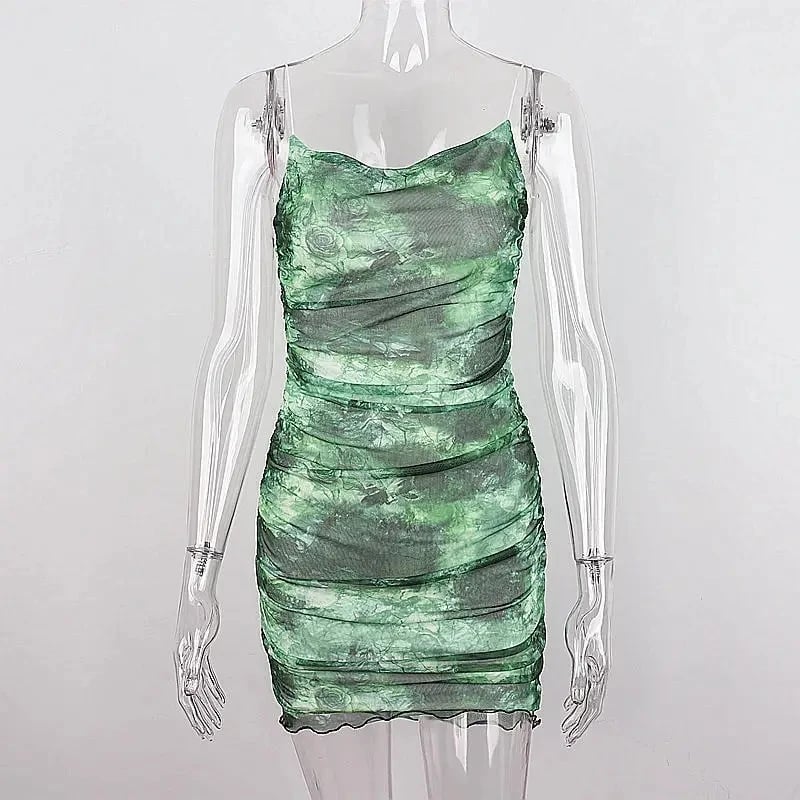 Green Mesh Spaghetti Strap Mini Dress