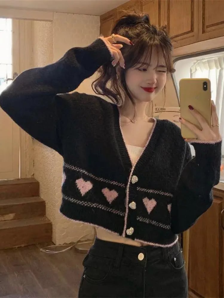 Heart Button Cropped Long Sleeve Cardigan