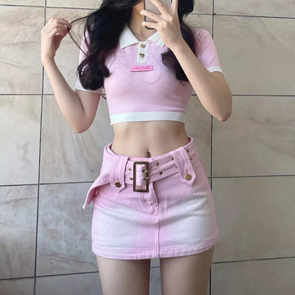 Pink Denim Low Waist Belt A-Line Skirt