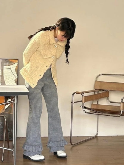 Grey Pleated Layer Knit Pants
