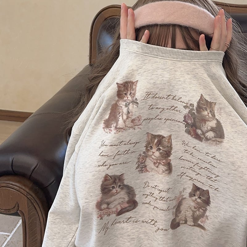 Cat Letter Print Loose Sweatshirt