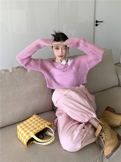 Pink Hollow Out Knit Cropped Sweater