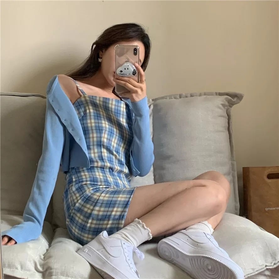 Cute Plaid Checkered Print Spaghetti Strap A-Line Mini Dress Kawaii Korean Japanese Harajuku Chinese Retro Streetwear Aesthetic Fashion