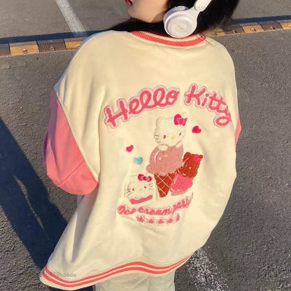 Pink Japanese Anime Cat Embroidery Patchwork Varsity Baseball Jacket