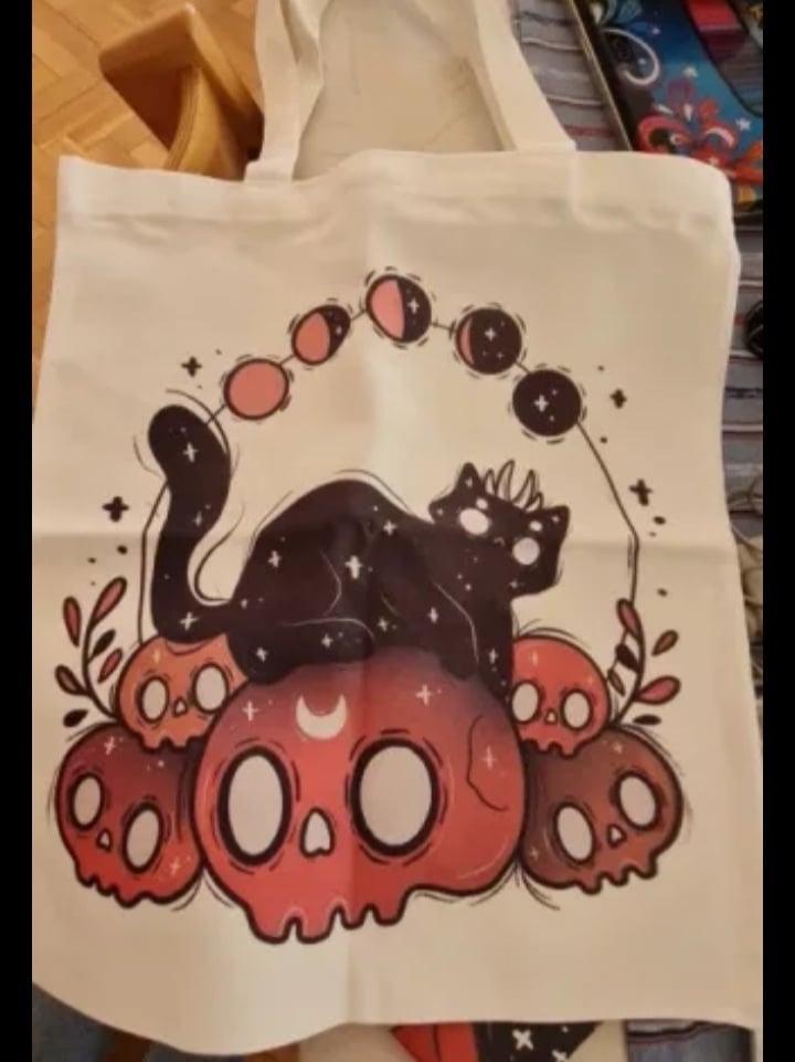 Cute Cat Skull Print Reusable Shopping Bag Canvas Tote Shoulder Bag Aesthetic Casual E-Girl Kawaii Korean Japanese Harajuku