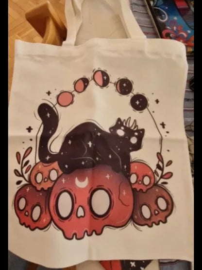 Cute Cat Skull Print Reusable Shopping Bag Canvas Tote Shoulder Bag Aesthetic Casual E-Girl Kawaii Korean Japanese Harajuku