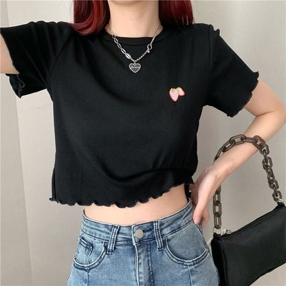 Strawberry Embroidery Ruffle Short Sleeve Shirt