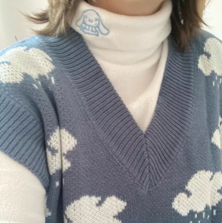 Cute Anime Japanese Embroidery Turtleneck High Collar Long Sleeve Shirt Pullover Aesthetic