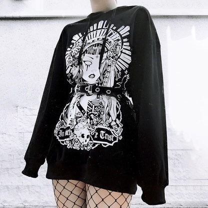 Cute Black Witch Anime Girl Cartoon Print Hoodie Sweater Sweatshirt Pullover Shirt Goth Punk E-Girl Kawaii Korean Japanese Harajuku Streetwear