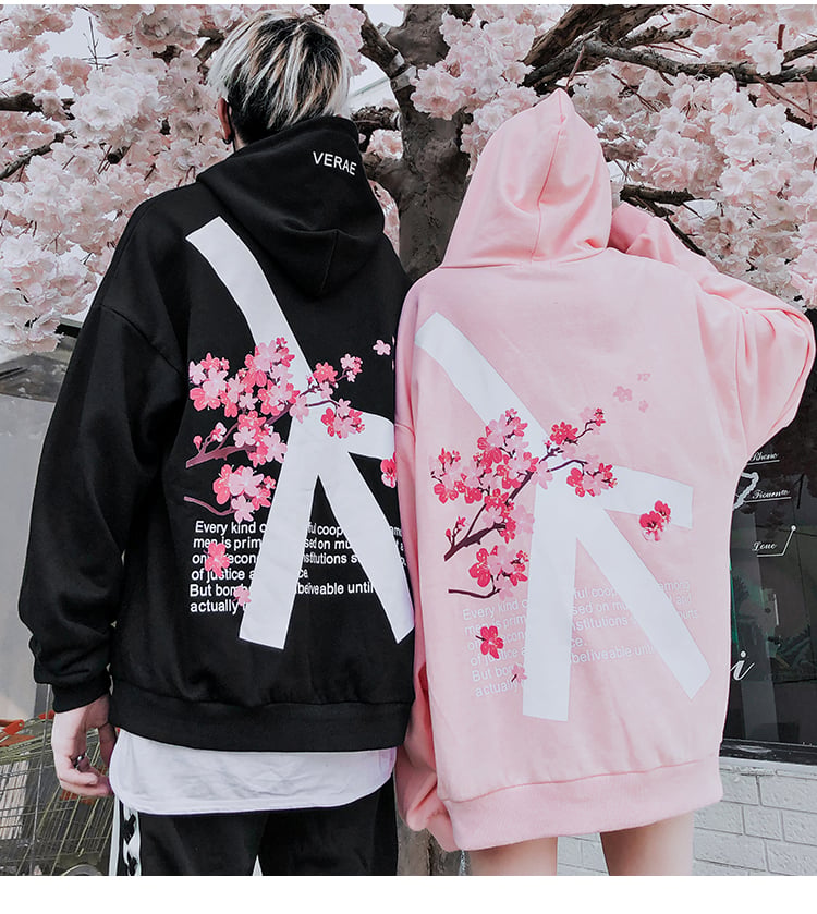 Cute Cherry Blossom Sakura Flower Print Oversized Unisex Long Sleeve Hoodie Sweater Sweatshirt E-Girl Kawaii Korean Japanese Harajuku Streetwear