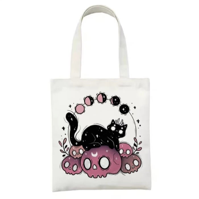 Cute Cat Skull Print Reusable Shopping Bag Canvas Tote Shoulder Bag Aesthetic Casual E-Girl Kawaii Korean Japanese Harajuku