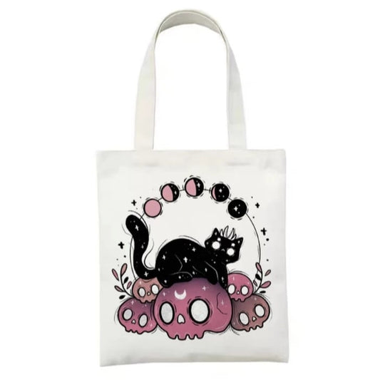 Cute Cat Skull Print Reusable Shopping Bag Canvas Tote Shoulder Bag Aesthetic Casual E-Girl Kawaii Korean Japanese Harajuku
