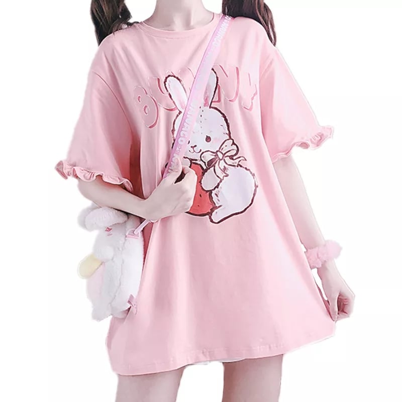 Pink Rabbit Ruffle Loose Short Sleeve T-shirt