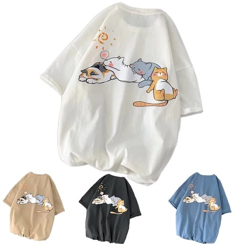 Cute Napping Cat Cartoon Print Short Sleeve Shirt Tees Aesthetic Casual Summer E-Girl Kawaii Korean Japanese Harajuku