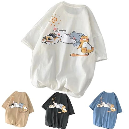 Cute Napping Cat Cartoon Print Short Sleeve Shirt Tees Aesthetic Casual Summer E-Girl Kawaii Korean Japanese Harajuku