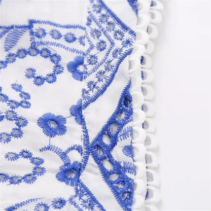 Blue Flower Embroidery Pleated Mini Skirt