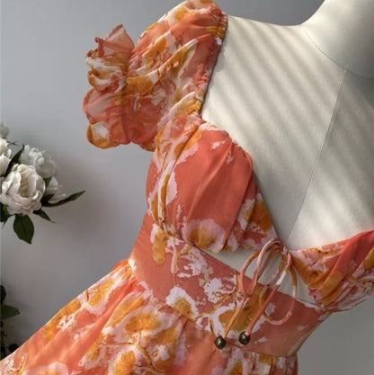 Cute Sweet Floral Print Jumpsuit Chiffon Ruffled Squared Collar Dress Summer Aesthetic Casual E-Girl Kawaii Korean Japanese Harajuku