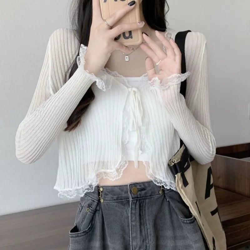 Sheer Lace Long Sleeve Cropped Cardigan