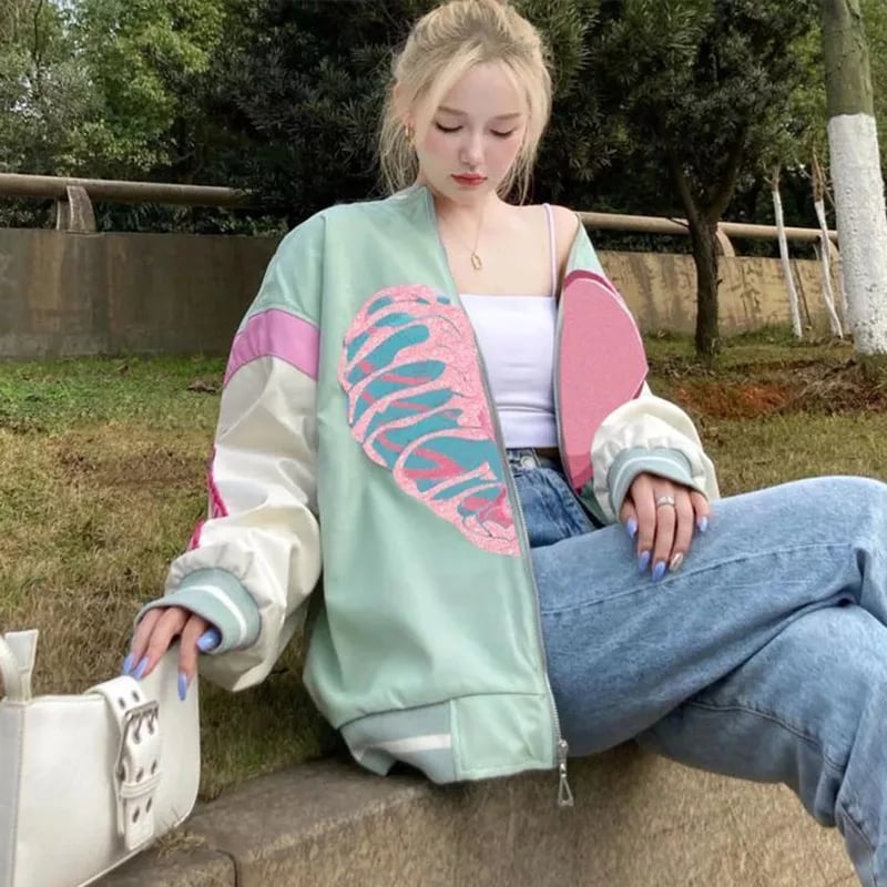 Retro Vintage Pastel Heart Ribs Print Oversized Long Sleeve Zipper Hoodie Sweatshirt Aesthetic Casual E-Girl Kawaii Korean Japanese Harajuku