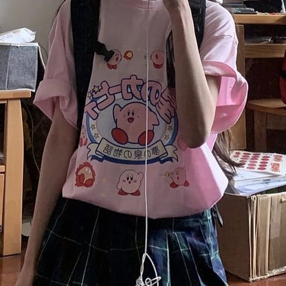 Pastel Pink Japanese Anime Graphic Cartoon Print Loose Short Sleeve T-shirt
