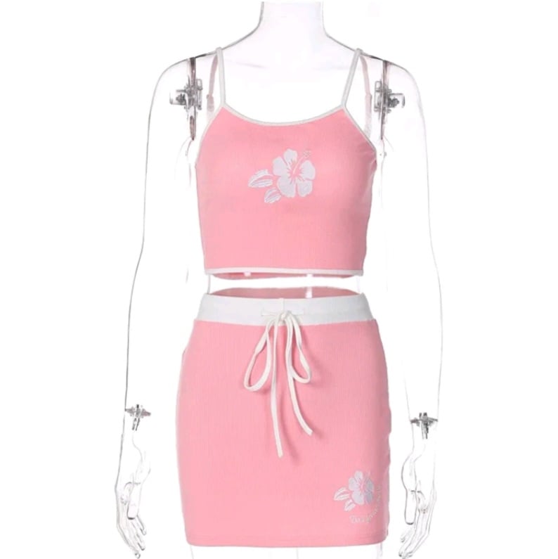 2PCS Pink Hibiscus Flower Camisole + Mini Skirt