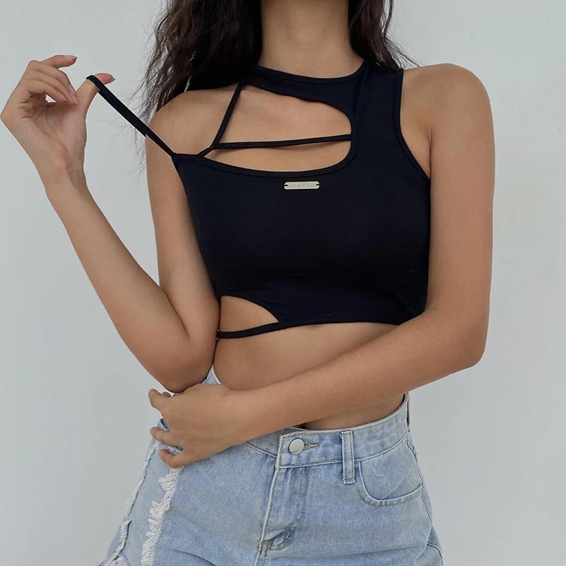 Cute Sexy Black Strappy Hollow Out Tank Crop Top Sleeveless Shirt Punk Goth Summer Aesthetic Casual E-Girl Kawaii Korean Japanese Harajuku